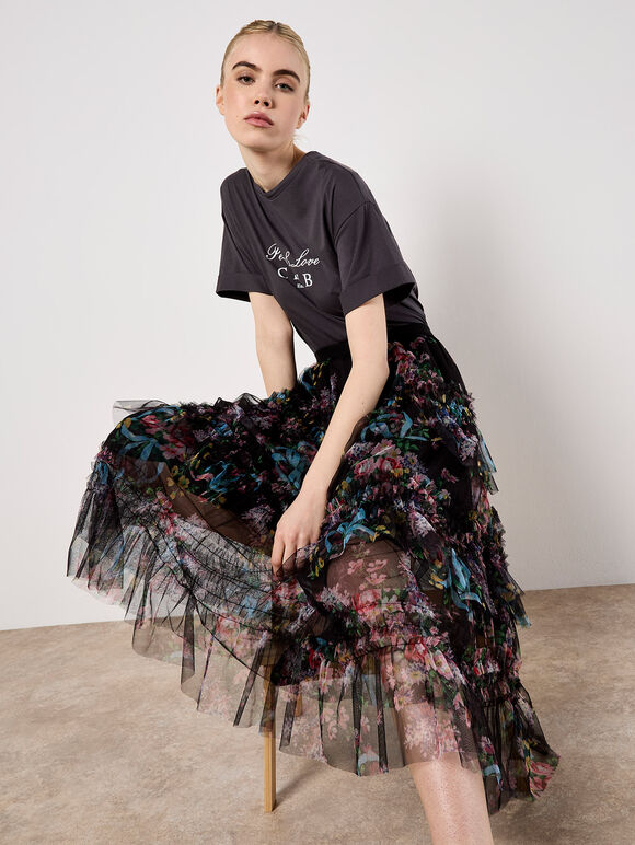 Floral Tiered Tulle Midi Skirt, Black, large