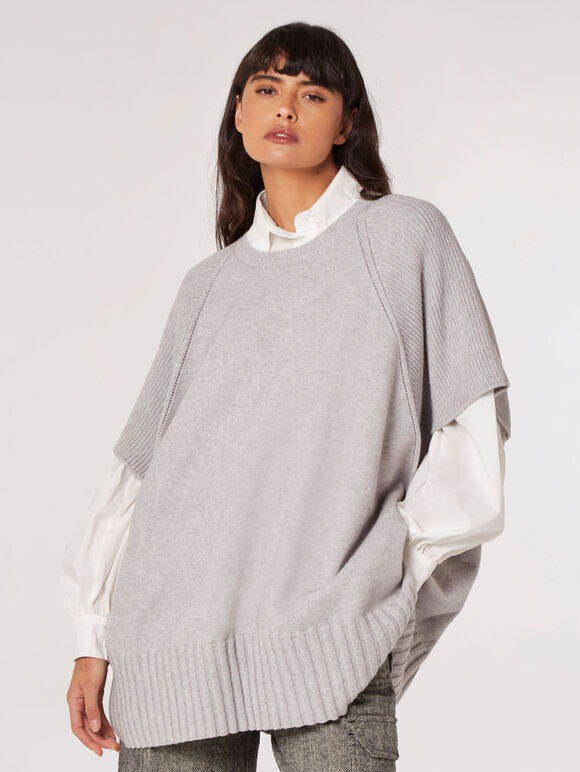 Oversized Poncho Jumper, Grey, large