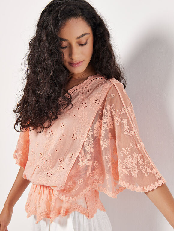 Floral Broderie Batwing Top, Coral, large