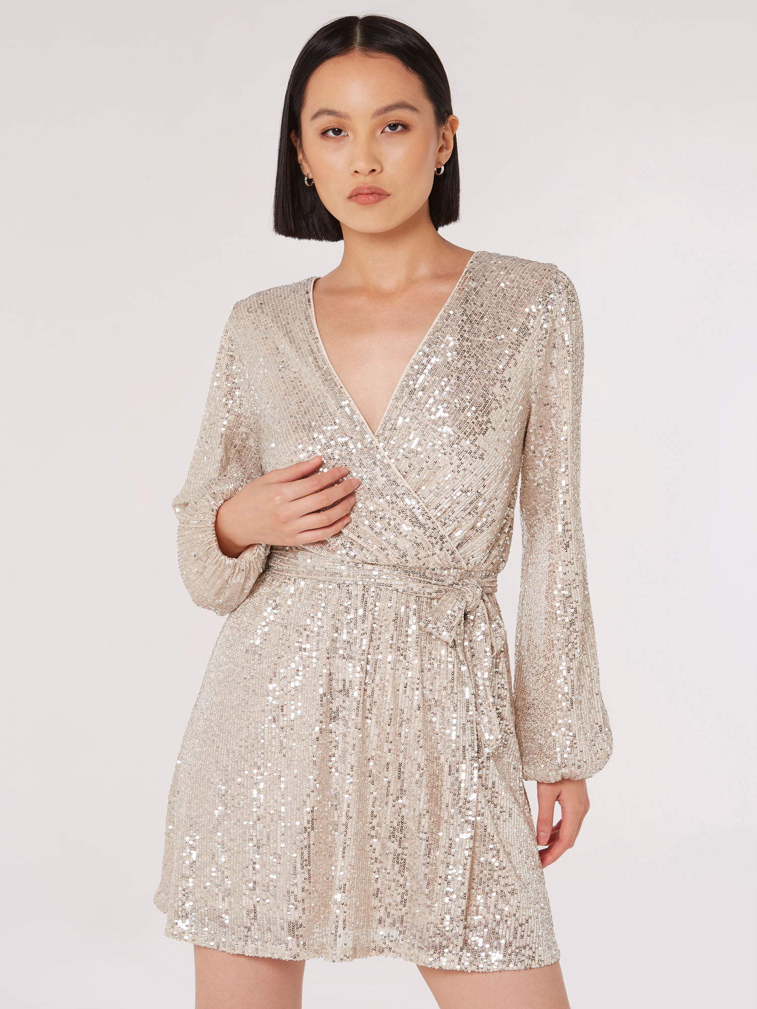 Sequin Wrap Mini Dress Apricot Clothing