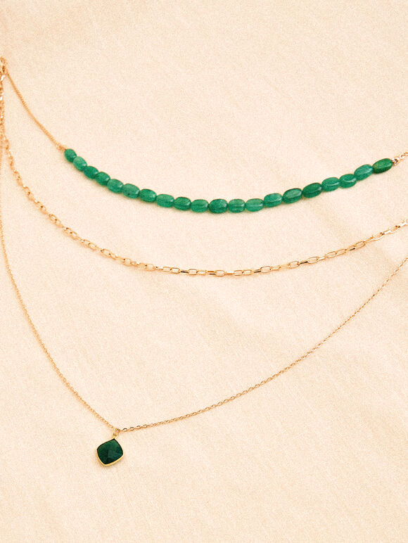 Gold Tone Layered Stone Pendant Necklace, Gold, large