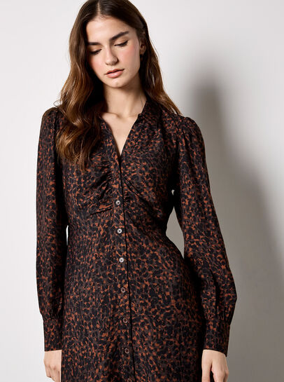 Animal Print Ruched Shirt Midi Dress