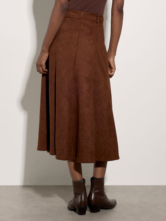 Suedette A-Line Midi Skirt, Brown, large