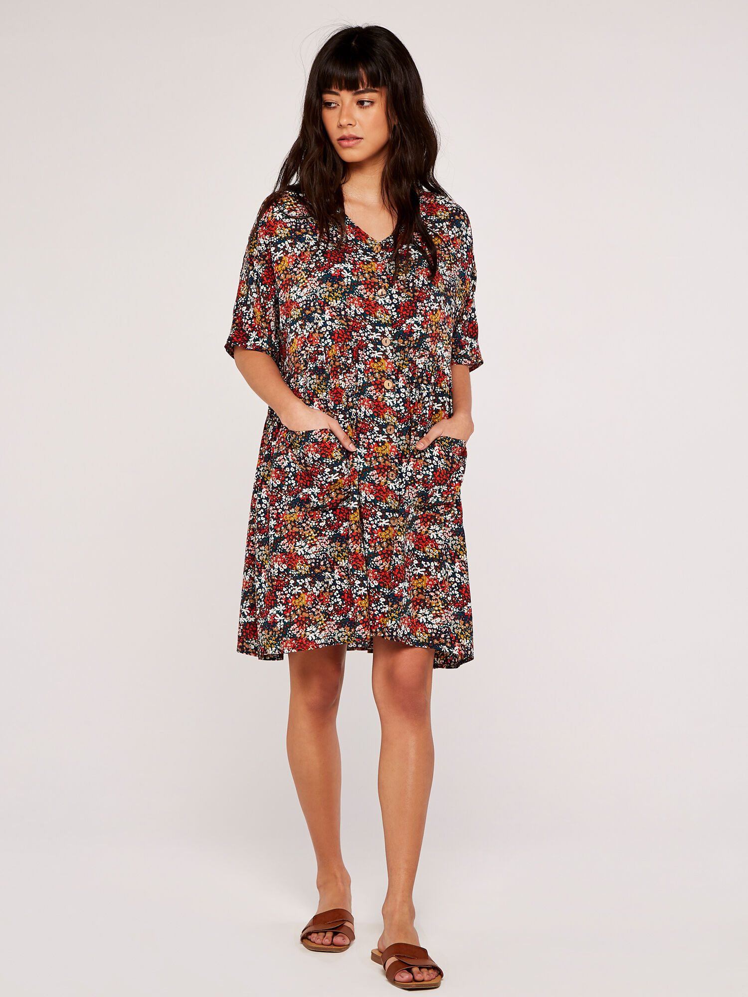 Ditsy Button Down Smock Dress Apricot Clothing