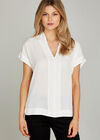 Cream High Collar Border V Neck Top, Cream, large