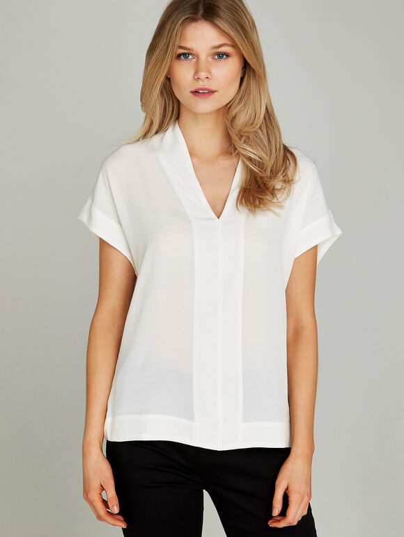 Cream High Collar Border V Neck Top, Cream, large