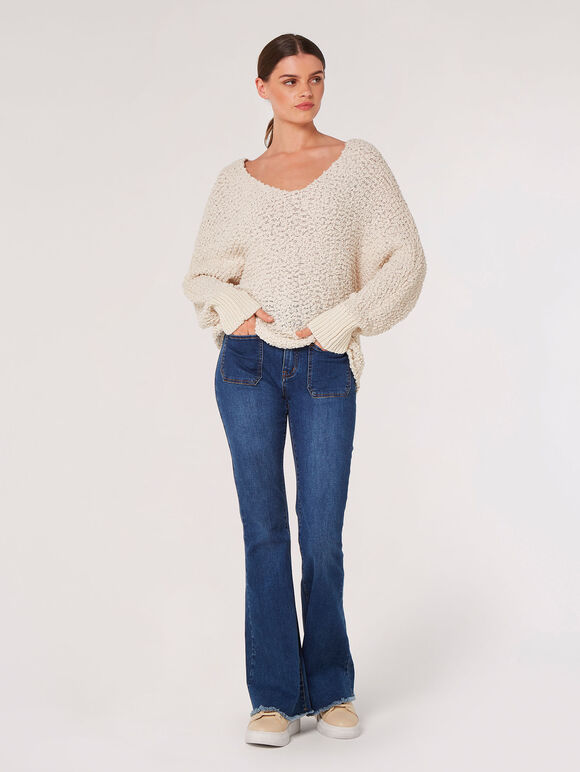 Popcorn Knit Batwing Jumper, Stone, large