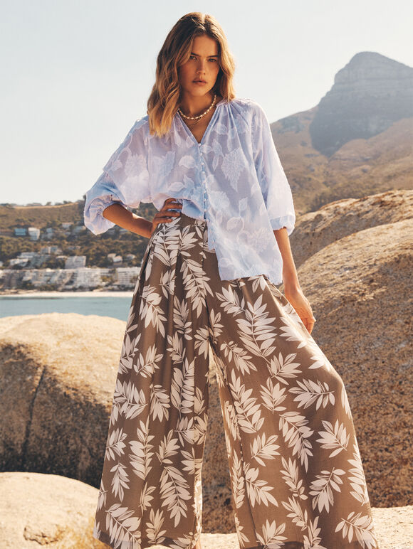 Leaf Print Pleated Culotte Trousers, Stone, large