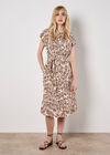 Leaf Print Shirt Midi Dress, Brown, large