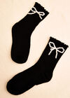 Pearl Bow Embellished Socks, Black, large