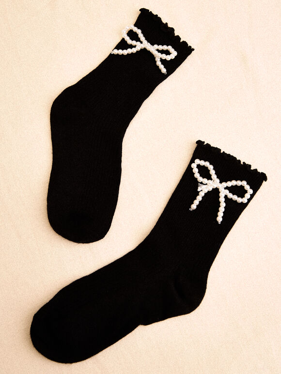 Pearl Bow Embellished Socks, Black, large
