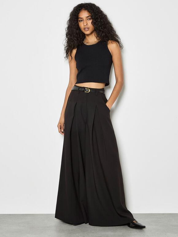 Super Wide Leg Pleat Tailored Trousers, Black, large