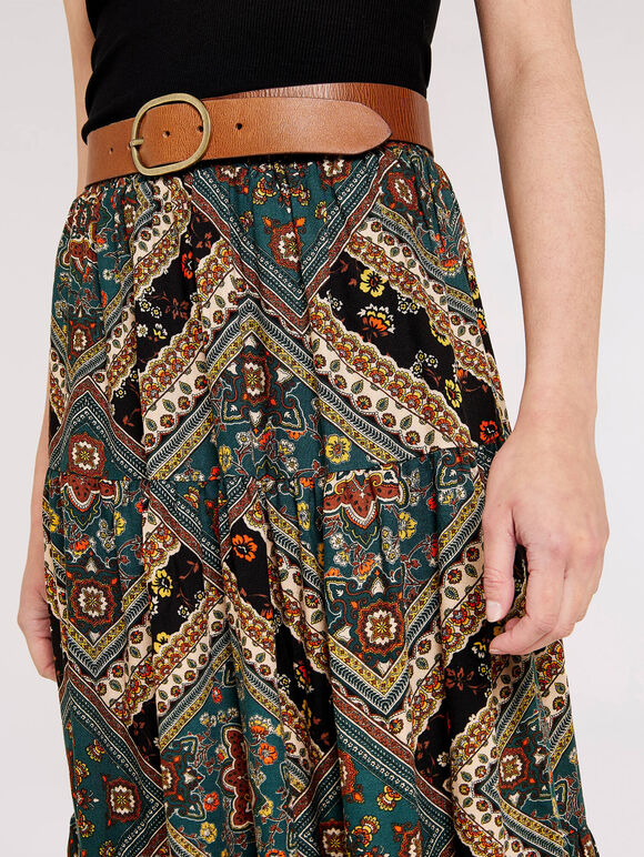 Scarf Print Tiered Skirt, Black, large