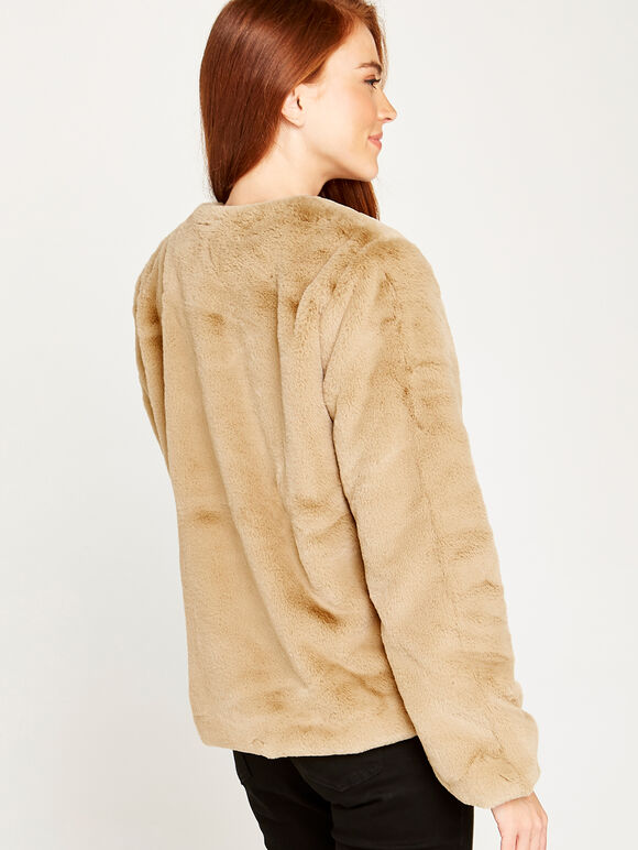 Faux Fur Two Pocket Coat, Stone, large