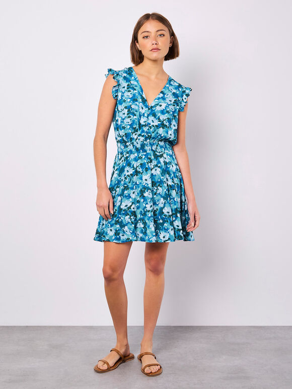 Floral Chiffon Mini Dress, Blue, large