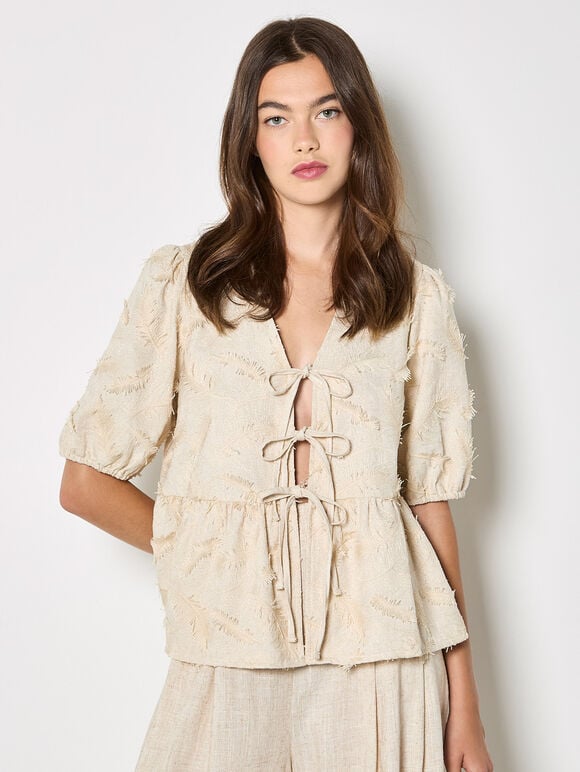 Eyelash Embroidery Linen Blend Blouse, Stone, large