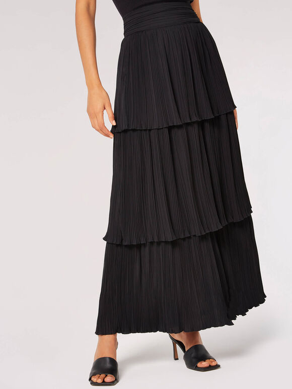 Plisse Cotton Tiered Maxi Skirt, Black, large