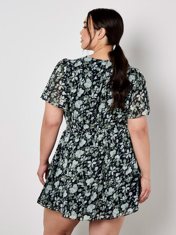 Watercolour Rose Tiered Mini Dress, Navy, large