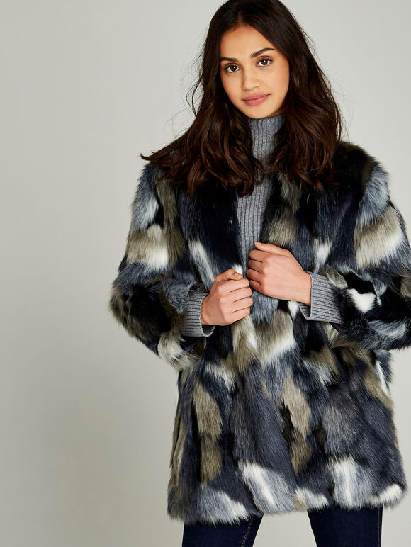 Navy Patchwork Faux Fur Jacket, Navy, large