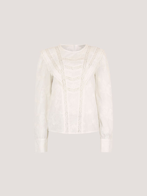 Cotton Embroidered Ruffle Shirt, White, large