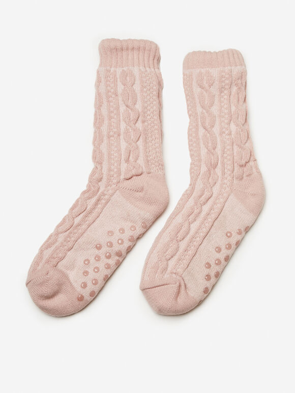 Fluffy Lining Aran Knit Socks, Pink, large