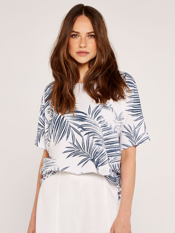 Leaf Print Oversized Tee, Cream, large