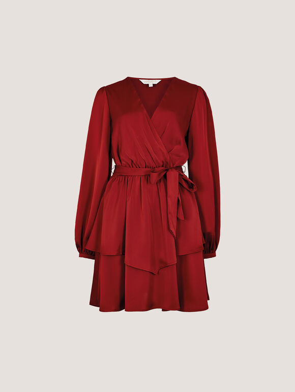 Satin Wrap Mini Dress, Burgundy, large