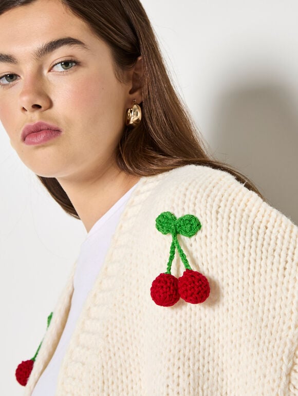 Chunky Knit Cherry Cardigan, Cream, large
