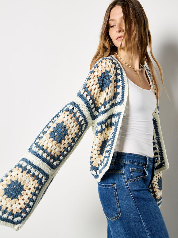 Hand-Knit Crochet Squares Cardigan, Cream, large