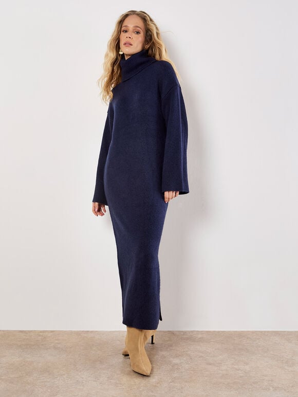 Roll Neck Jumper Maxi Dress, Navy, large