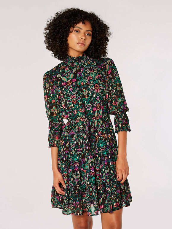 Gold Foil Ornate Floral Mini Dress, Black, large