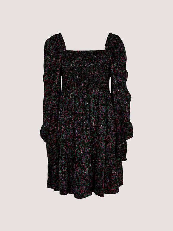 Paisley Milkmaid Mini Dress, Black, large