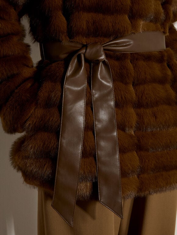 Faux Fur Panel Belted Coat, Brown, large