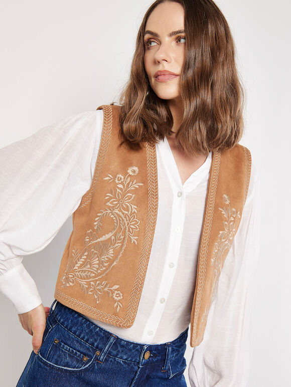 Embroidered Suedette Waistcoat, Brown, large