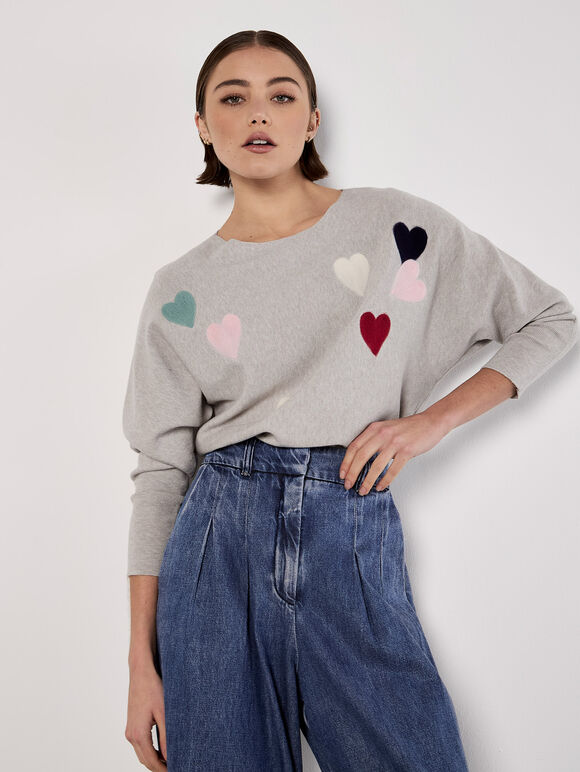 Applique Heart Batwing Jumper, Light Grey / Silver, large