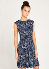 Feather Leaf Print Tie Front Dress, Navy, large