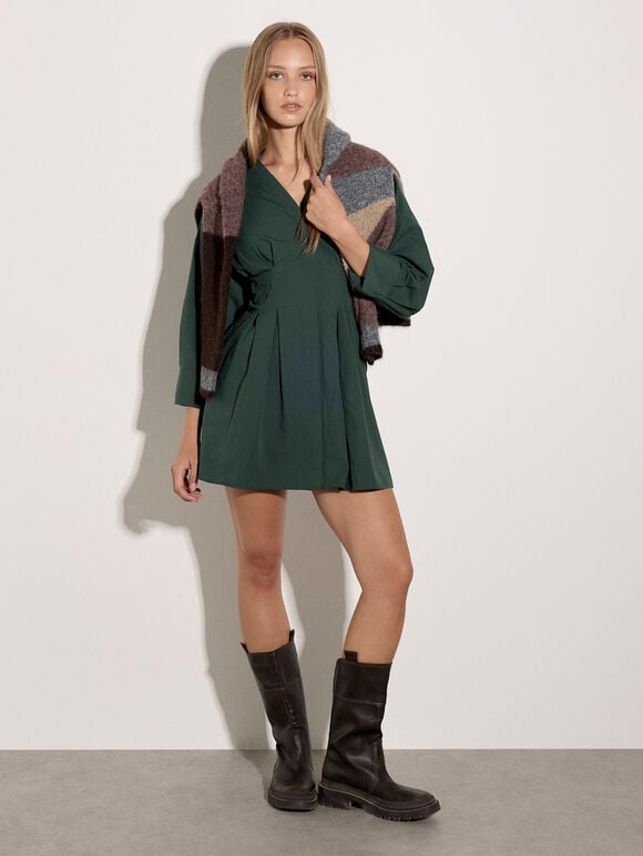 Smocked Shirt Mini Dress, Green, large