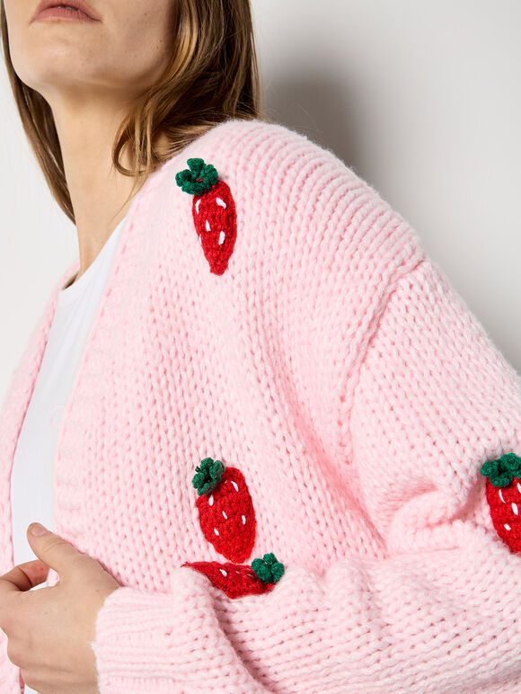 Chunky Knit Strawberry Cardigan, Pink, large