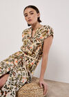 Belted Leaf Print Midi Shirt Dress, Stone, large