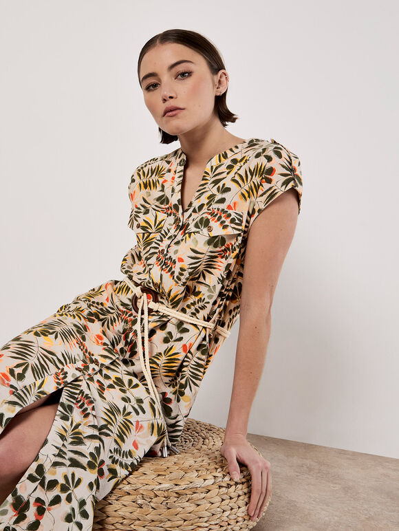 Belted Leaf Print Midi Shirt Dress, Stone, large