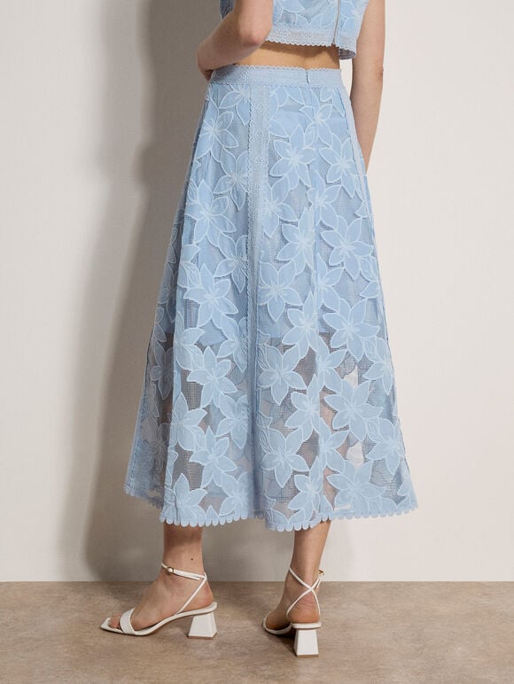 Floral Mesh Lace Midi Skirt, Blue, large