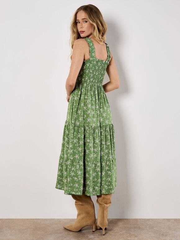 Orchid Print Smocked Midi Dress, Green, large