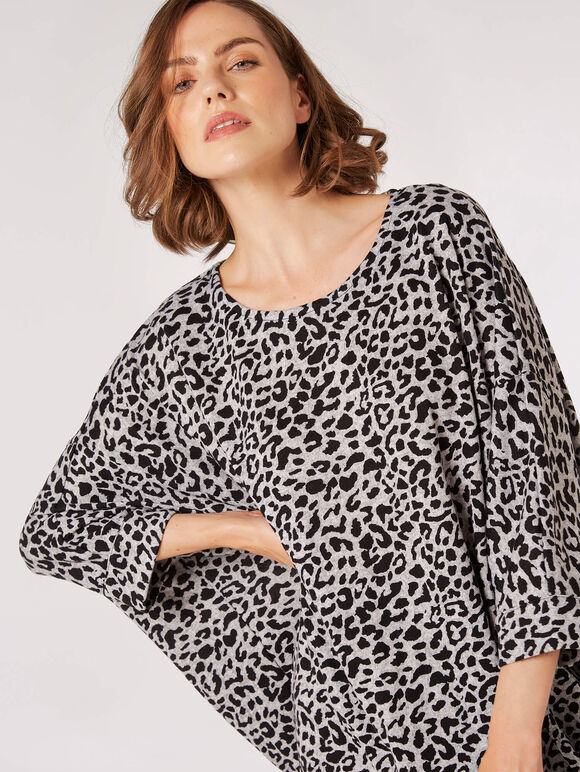 Leopard Oversized Waterfall Top, Grey, large