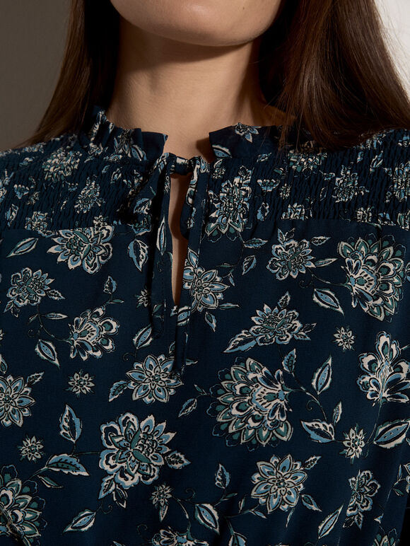 Folk Floral Chiffon Mini Dress, Navy, large