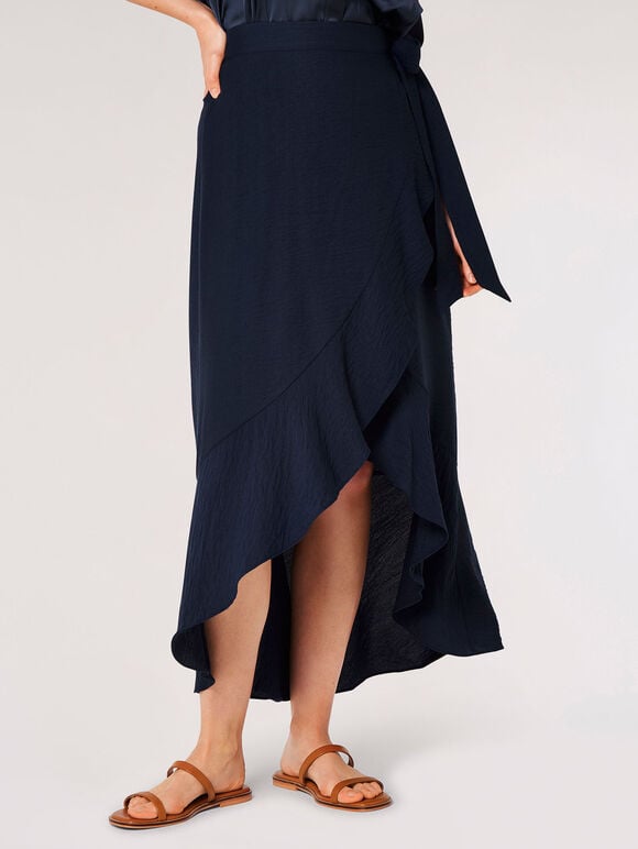 Ruffle Wrap Maxi Skirt, Navy, large