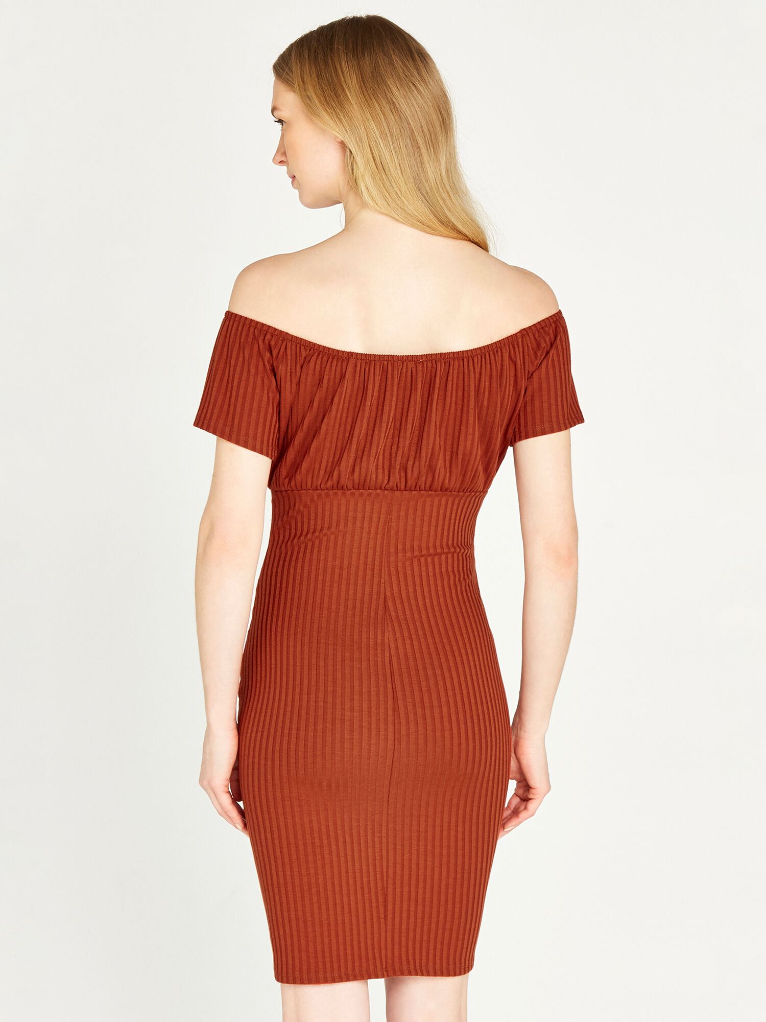 Milkmaid Bardot Ribbed Dress Apricot Clothing