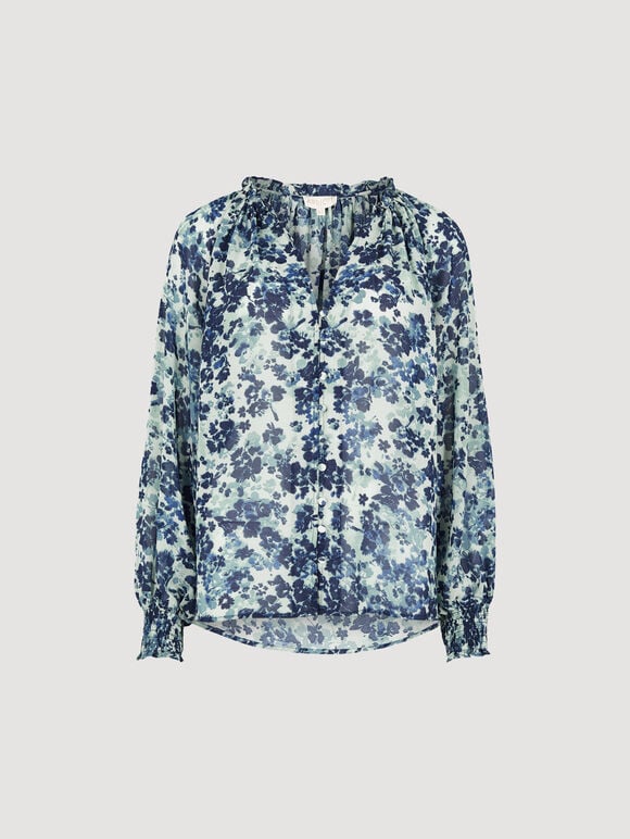 Blurred Floral Chiffon Blouse, Aqua - Turquoise, large