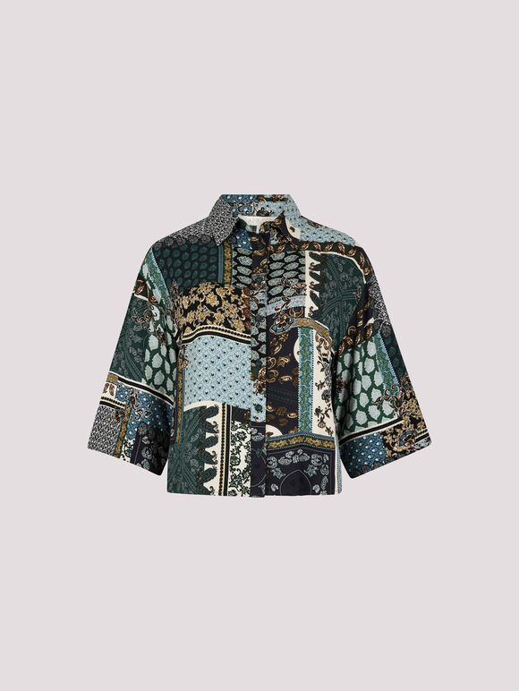 Patchwork Paisley Boxy Shirt, Navy, large