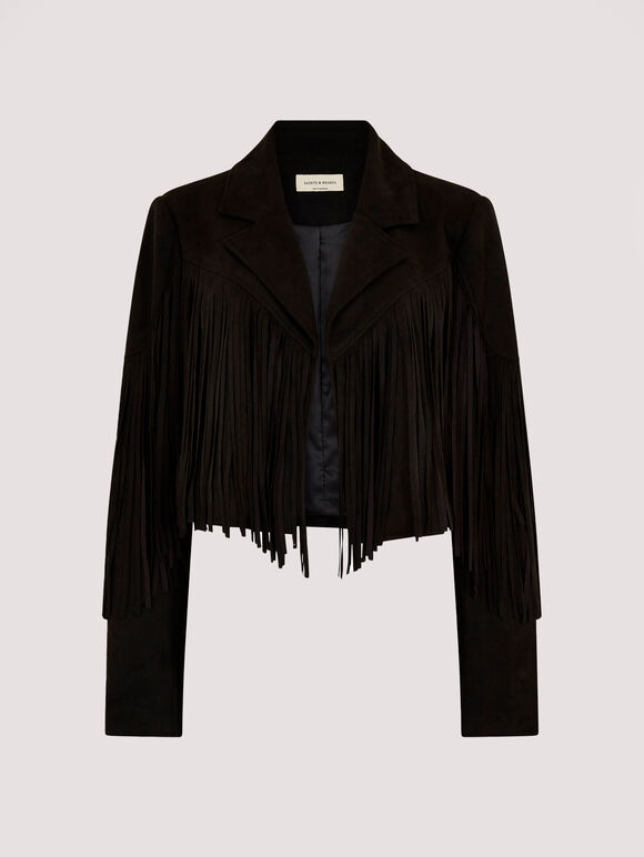 Fringed Suedette Jacket, Black, large