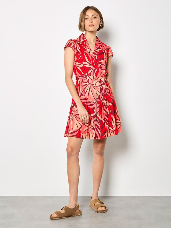 Tropical Leaf Shirt Mini Dress, Red, large